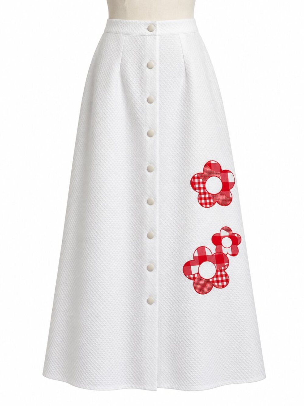 Gorgeous White Maxi Skirt with Red Floral Appliqués M